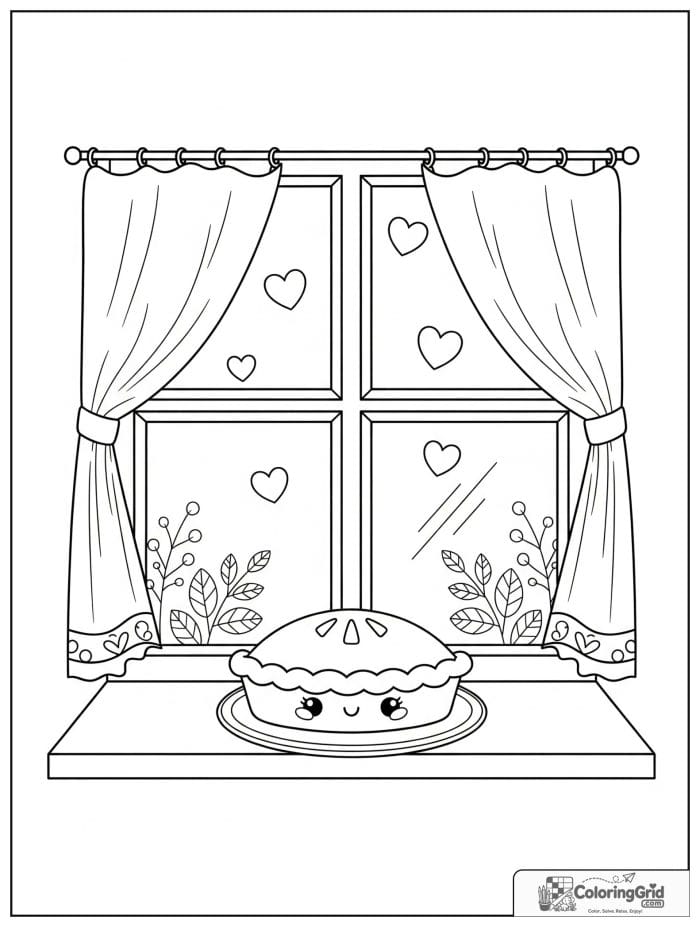 Fall Coloring Pages featuring a pie on a windowsill.