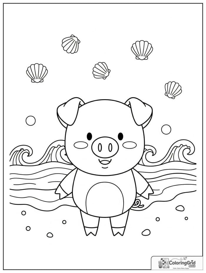 Cute pig at the beach with small shell and wave details.