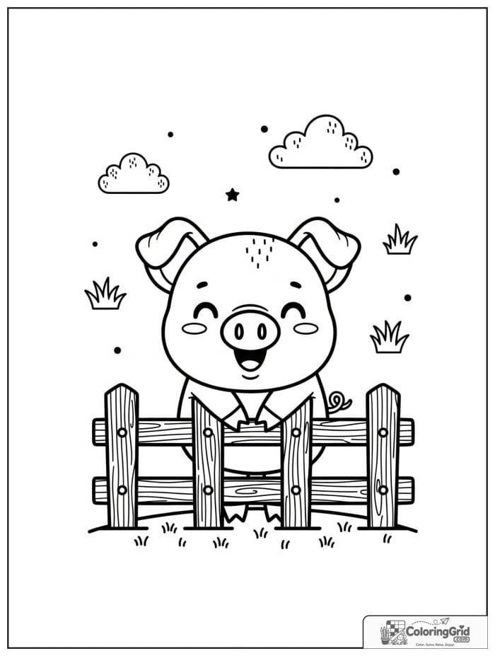 Cute pig standing by a farm fence with small grass details.
