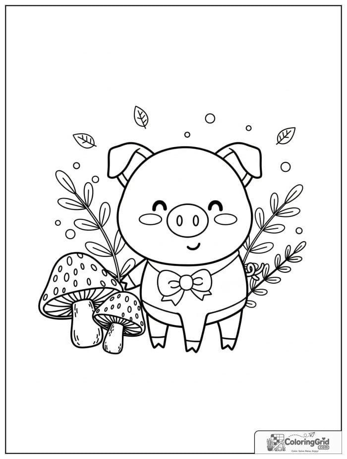 Cute pig beside mushrooms with tiny leaf decorations.
