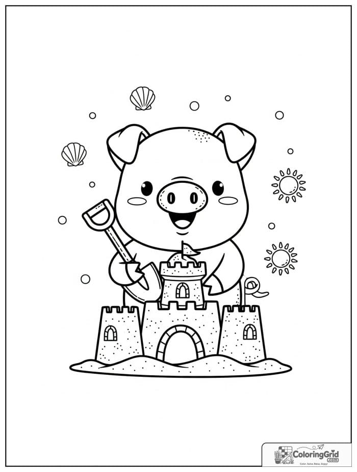 Cute pig building a sandcastle with tiny shell decorations.