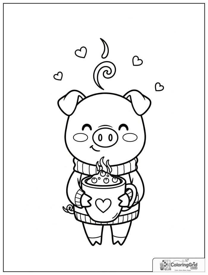 Cute pig holding hot cocoa with small steam and heart details.