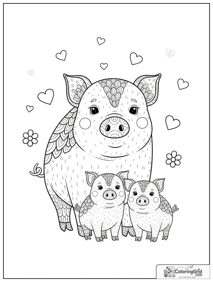 Cute pig family of three with small heart decorations.