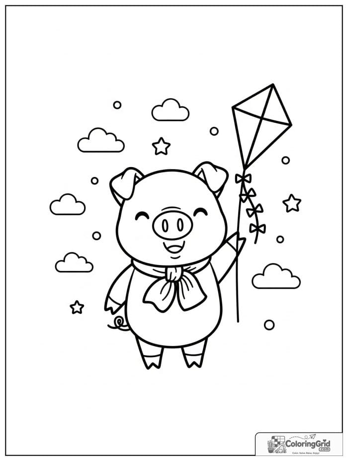 Cute pig flying a kite with small cloud decorations.