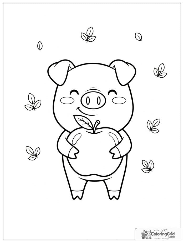 Cute pig holding an apple with small leaf decorations.