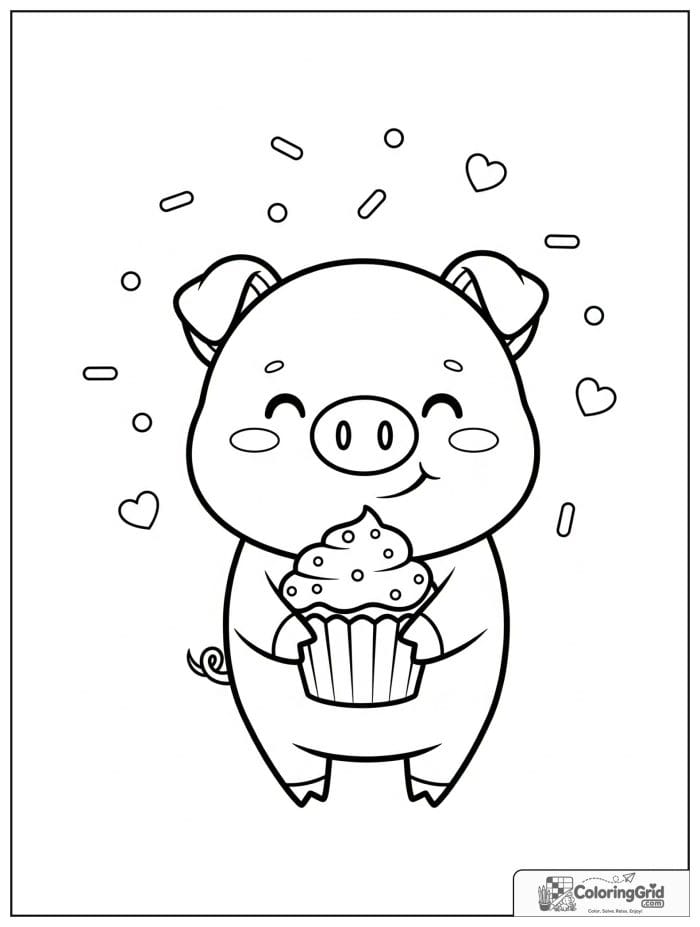Cute pig holding a cupcake with tiny sprinkle decorations.