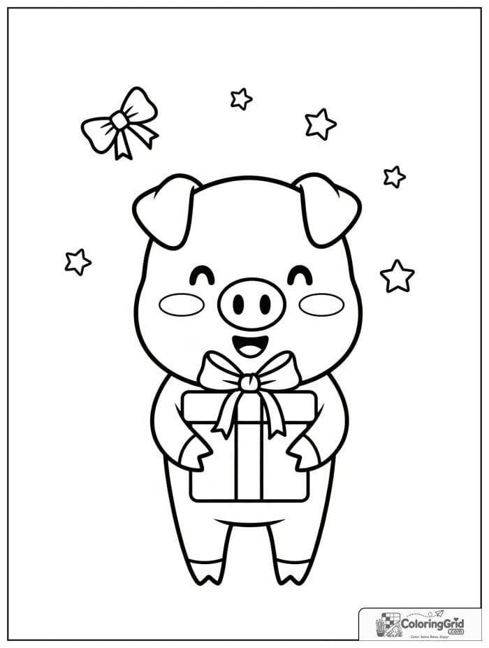 Cute pig holding a gift box with small bow decorations.