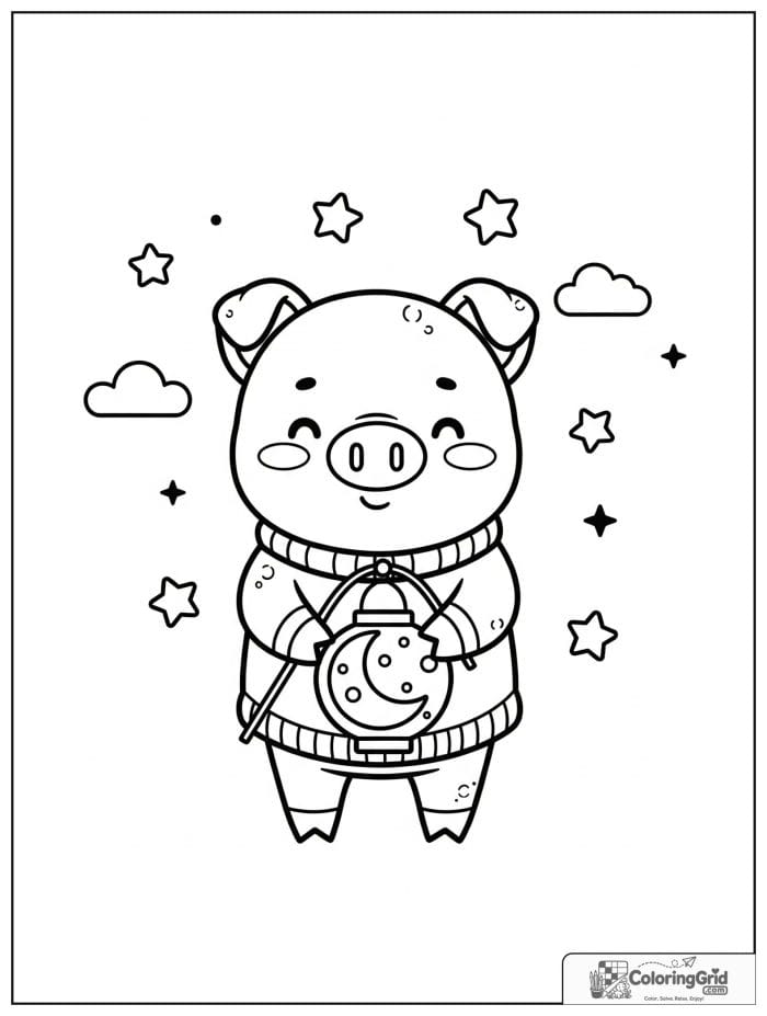 Cute pig holding a moon lantern with tiny star decorations.