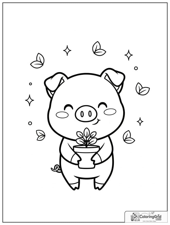 Cute pig holding a potted plant with small leaf decorations.