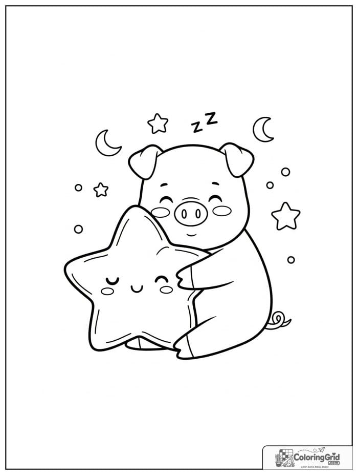 Cute pig hugging a star pillow with small moon and star details.