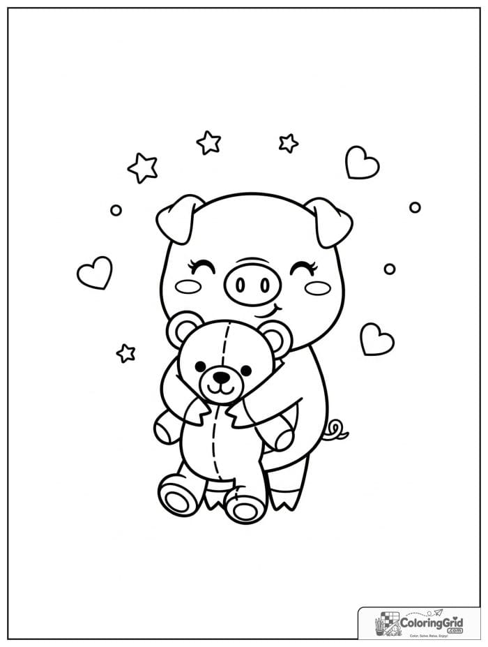 Cute pig hugging a teddy bear with tiny heart decorations.