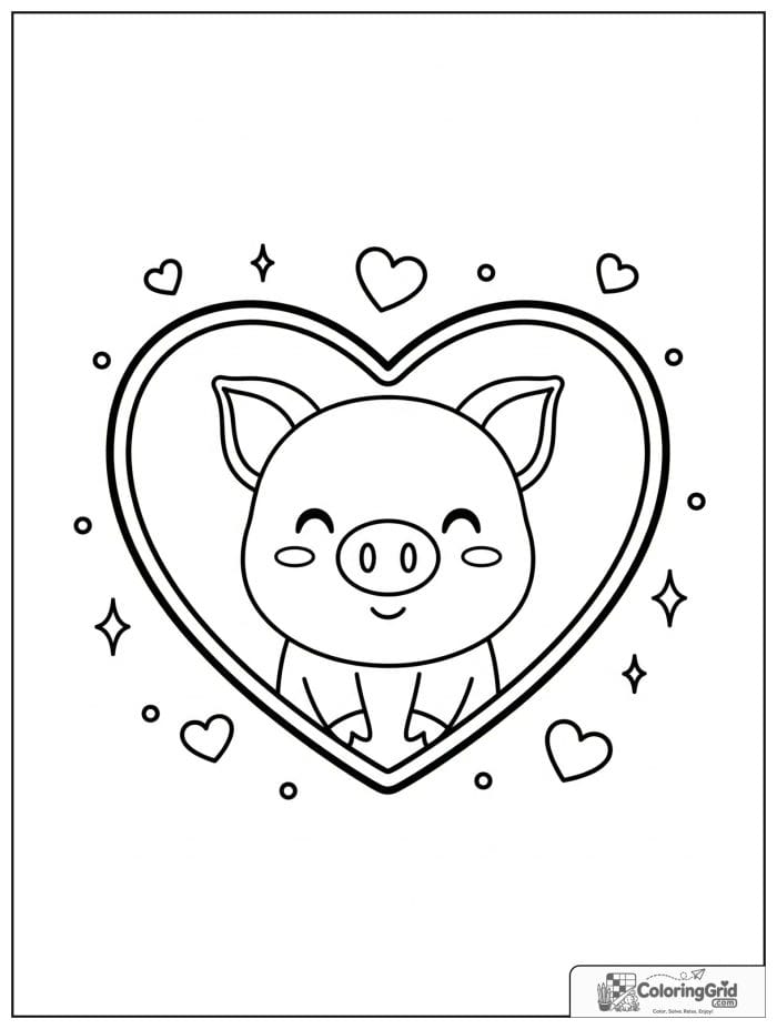 Cute pig inside a heart frame with tiny sparkle decorations.