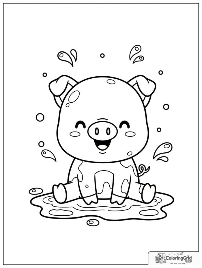 Cute pig sitting in a mud puddle with small splash details.