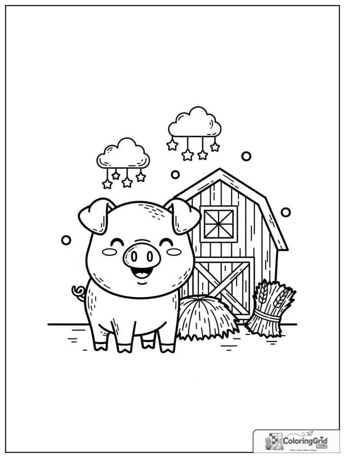 Cute pig near a barn with tiny farm decorations.