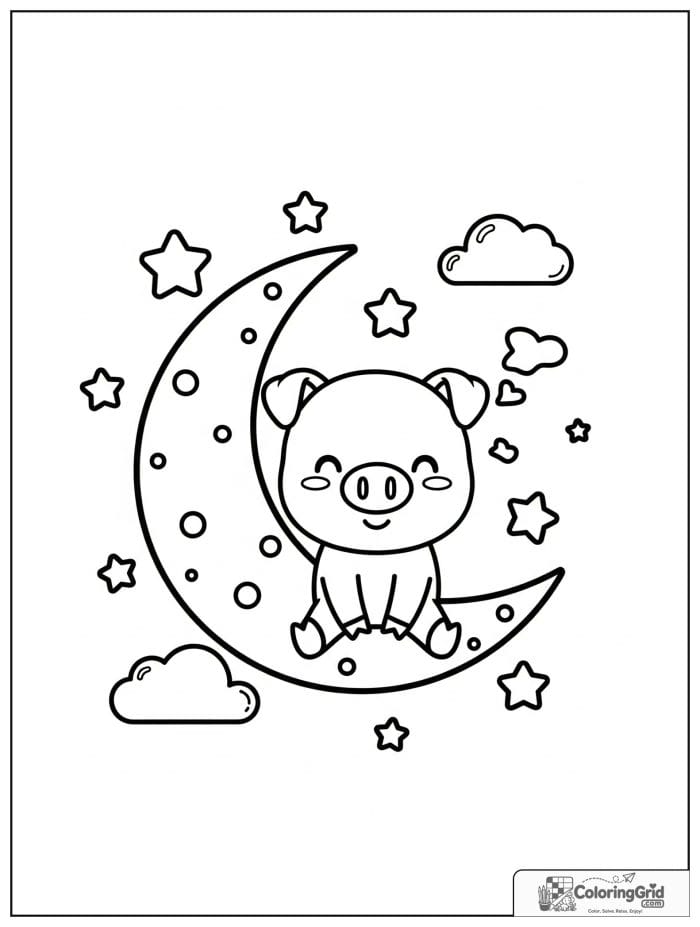 Cute pig sitting on a crescent moon with tiny stars.