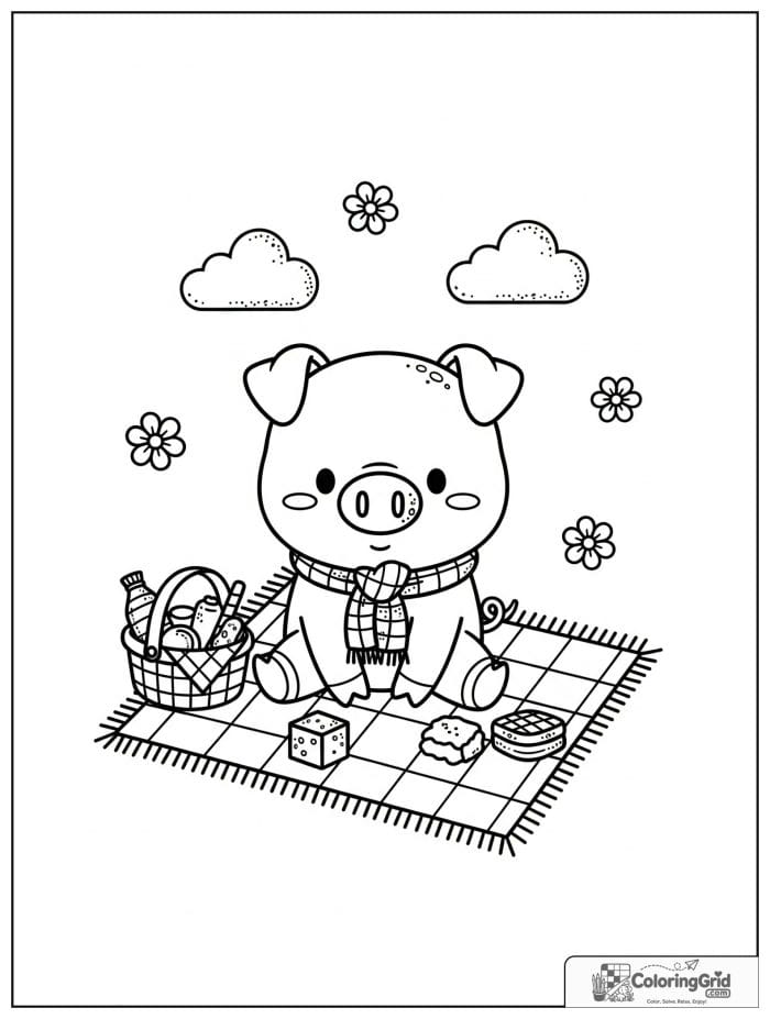 Cute pig sitting on a picnic blanket with small floral details.