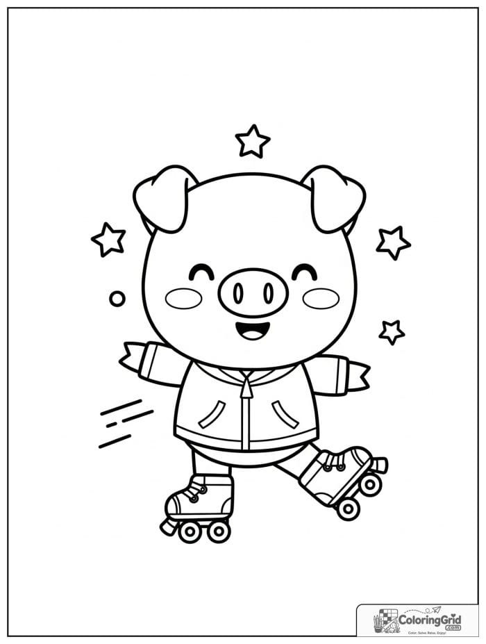 Cute pig on roller skates with tiny motion line decorations.