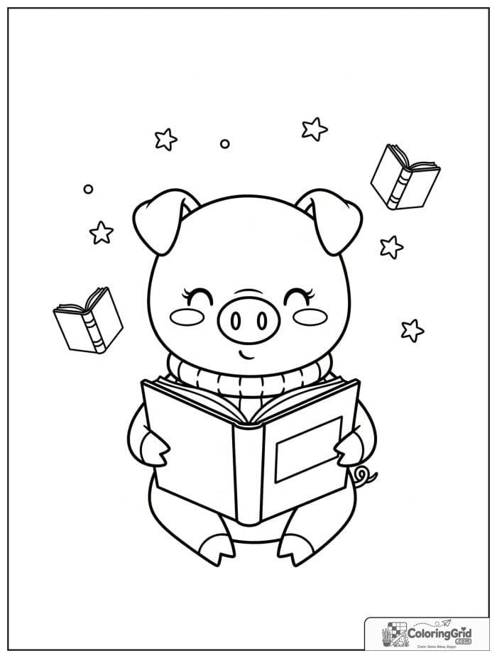 Cute pig reading a book with small book and star decorations.
