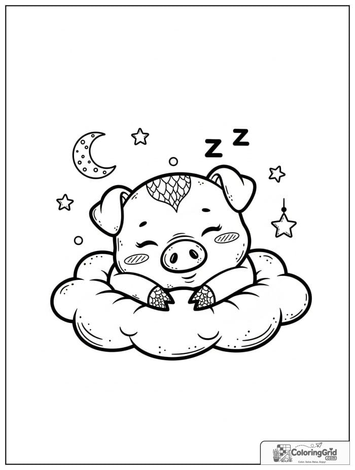 Cute pig sleeping on a cloud with small moon and star details.