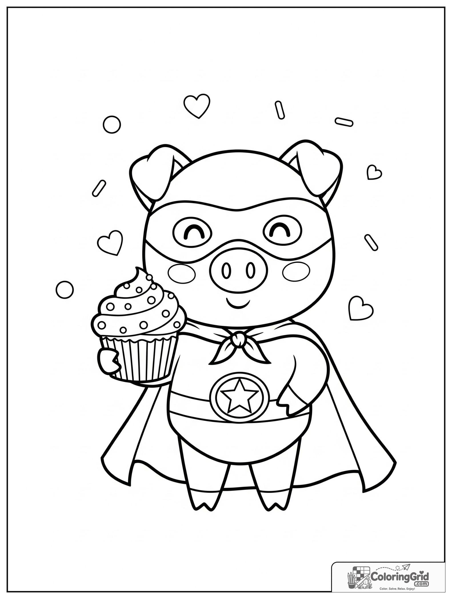 Cute pig superhero holding a cupcake with small sprinkle and heart details.