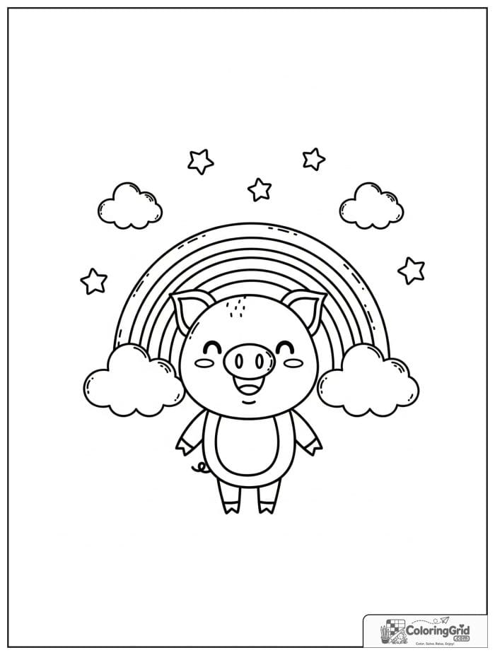 Cute pig standing under a rainbow with small cloud details.