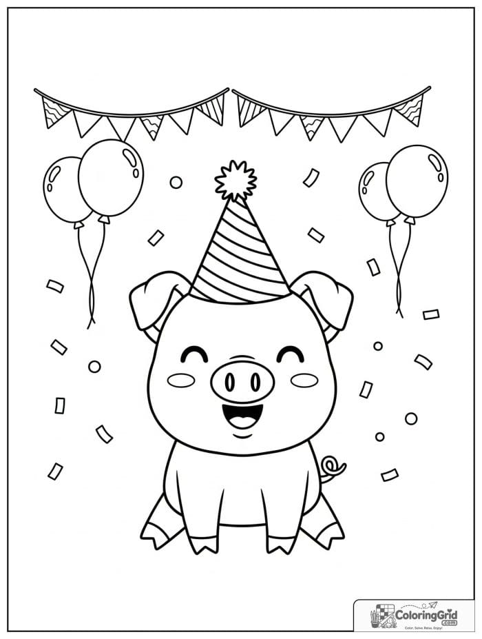 Cute pig wearing a party hat with tiny confetti decorations.