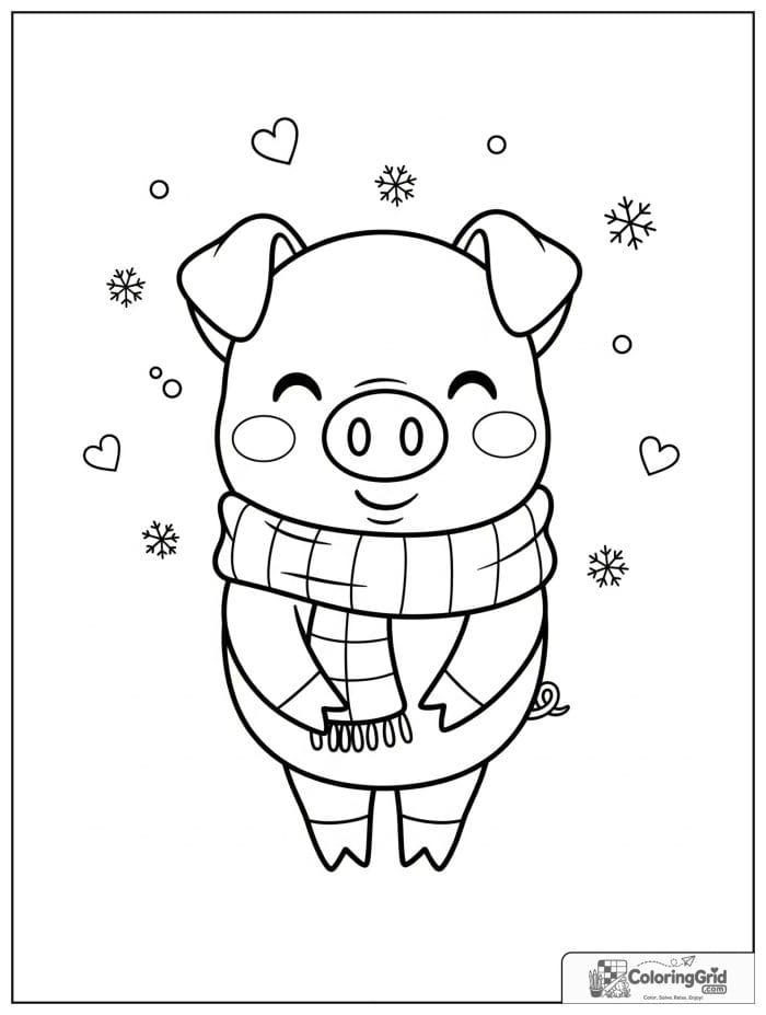 Cute pig wearing a scarf with small snowflake decorations.