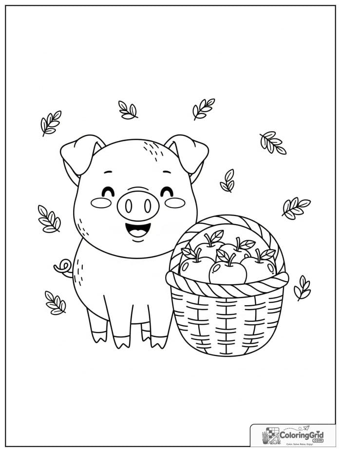 Cute pig beside a basket of apples with tiny leaf details.