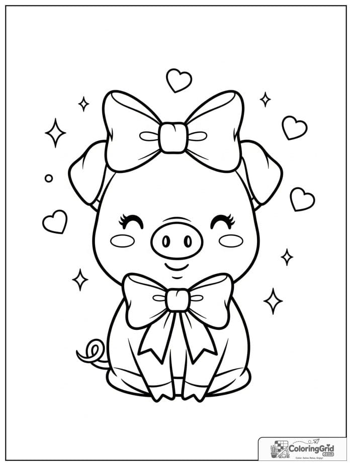 Cute pig wearing a big bow with tiny heart decorations.