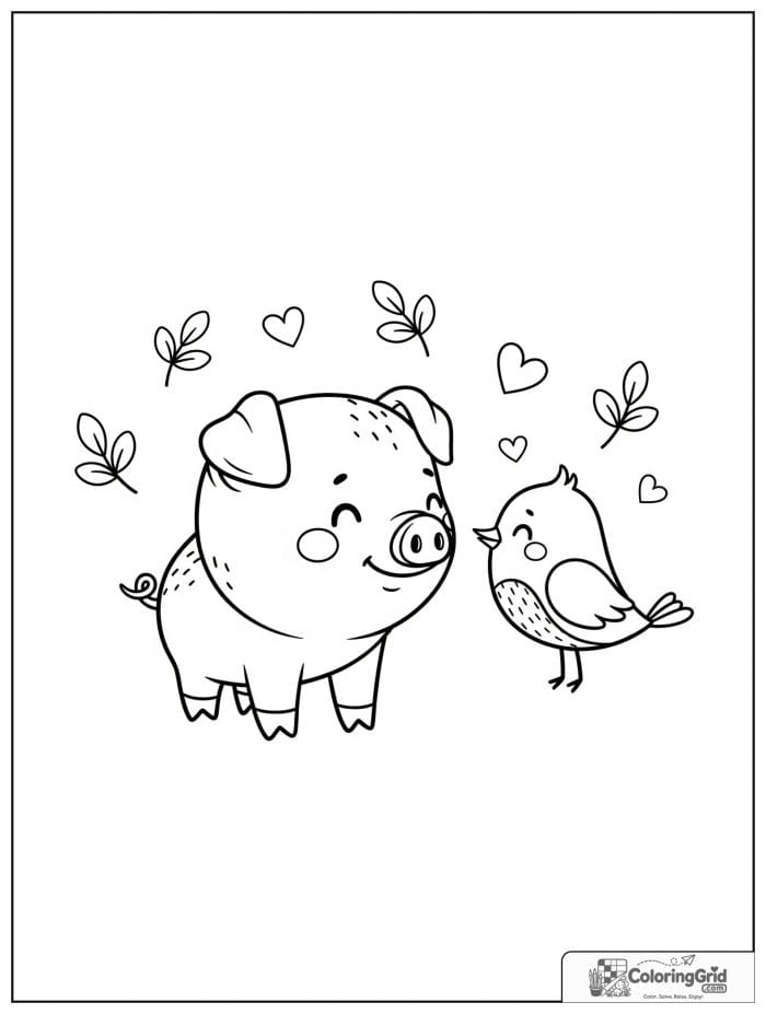 Cute pig with a bird friend and tiny leaf decorations.