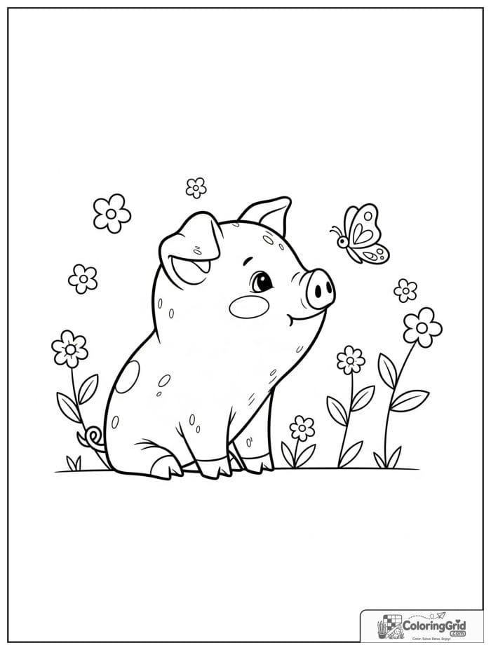 Cute pig looking at a butterfly with small flower details.