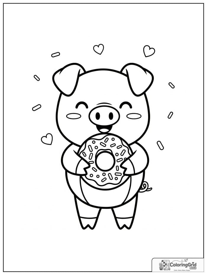 Cute pig holding a donut with tiny sprinkle decorations.