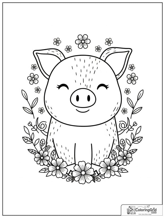 Cute pig in the center with a floral border and tiny leaf decorations.