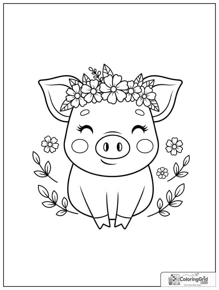 Cute pig wearing a flower crown with tiny floral decorations.
