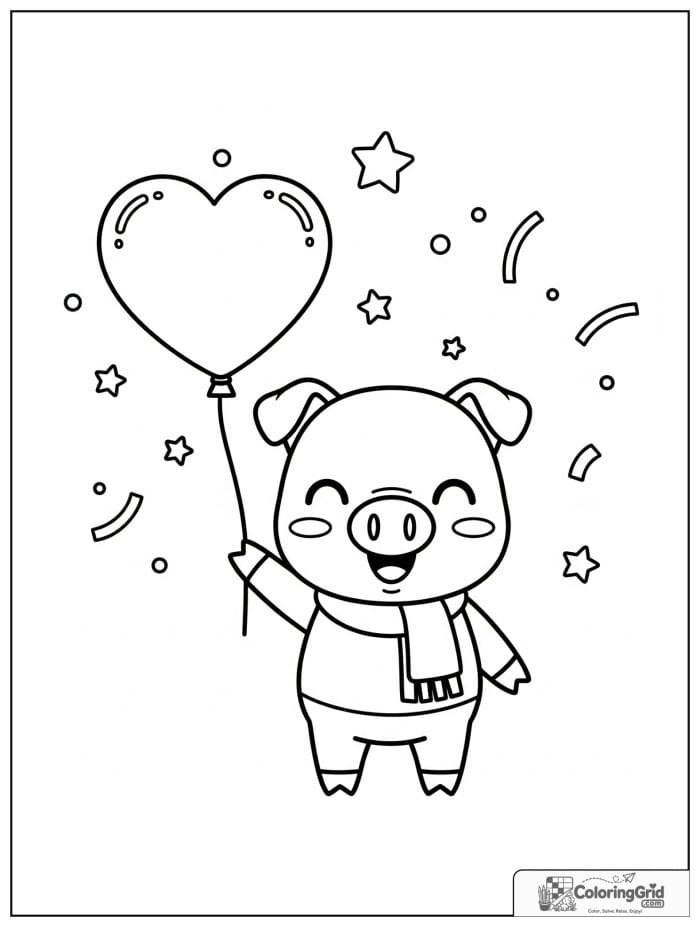 Cute pig holding a heart balloon with tiny stars in the background.