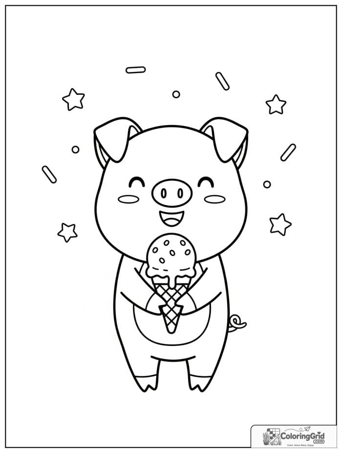 Cute pig holding an ice cream cone with small star decorations.