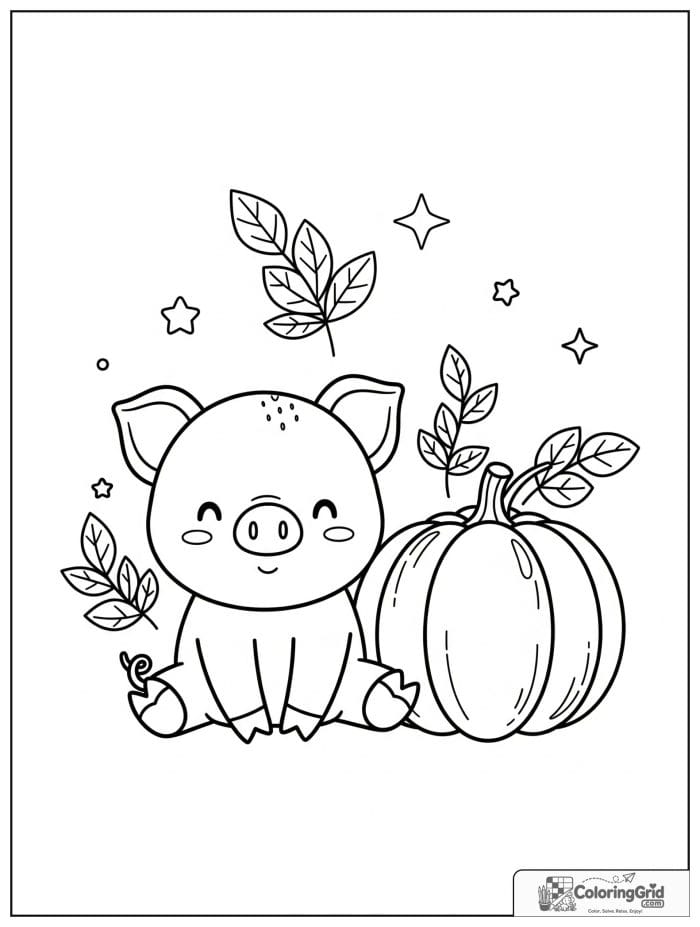 Cute pig beside a pumpkin with small leaf decorations.