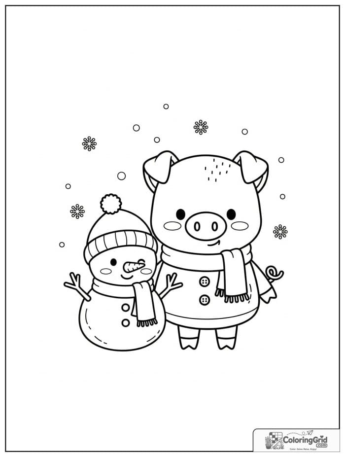 Cute pig beside a snowman with tiny snowflake decorations.