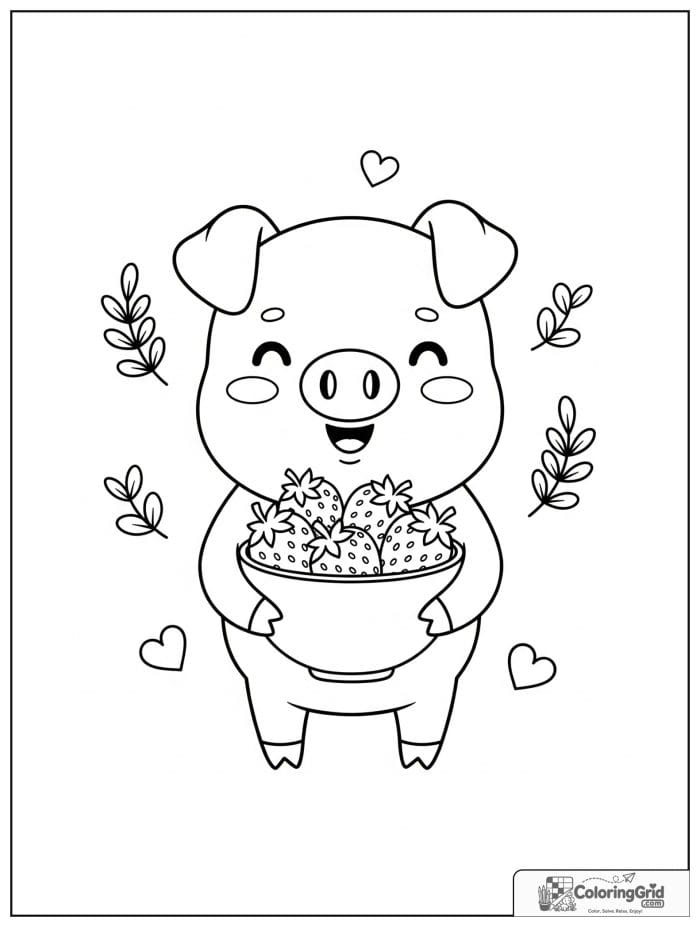Cute pig holding strawberries with small leaf decorations.