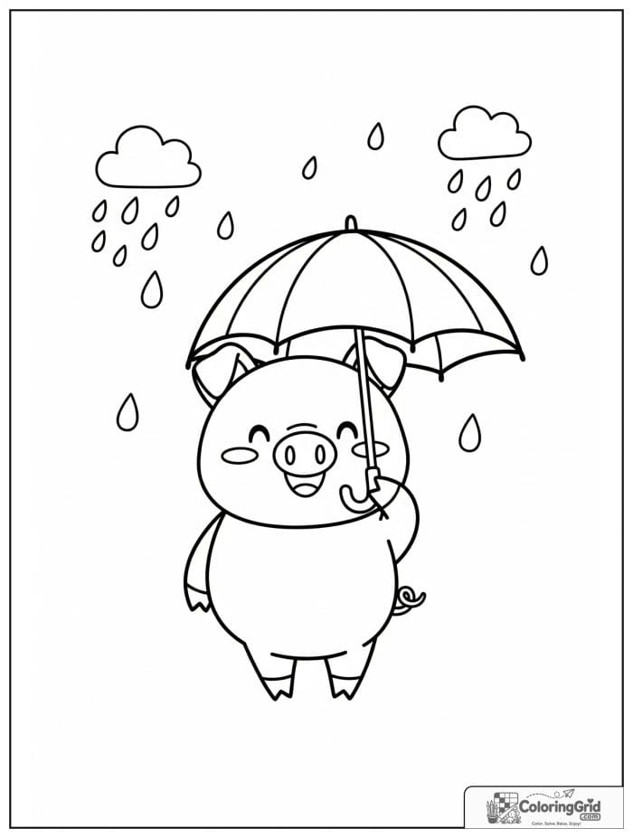 Cute pig holding an umbrella with small raindrop decorations.