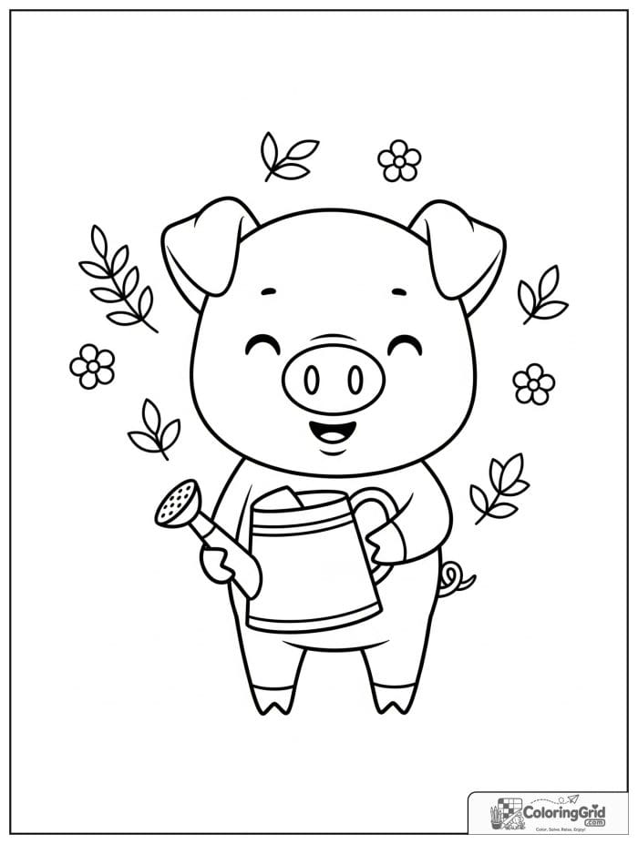 Cute pig holding a watering can with small floral details.