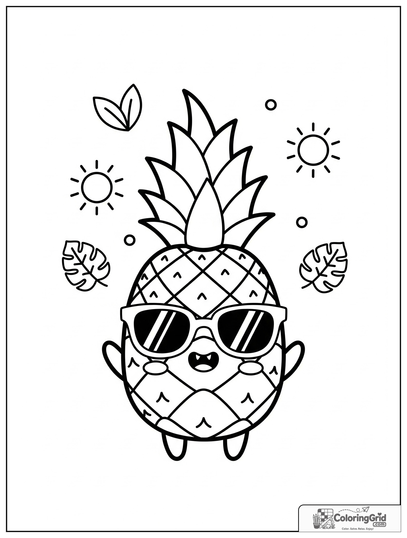 Cute pineapple with sunglasses and small tropical decorations.