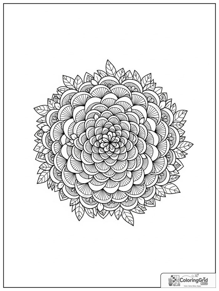Relaxing pinecone spiral mandala with scale shapes and leaf accents.