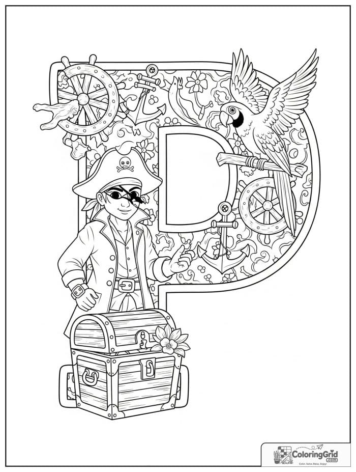 Large letter P decorated with pirate-themed items.