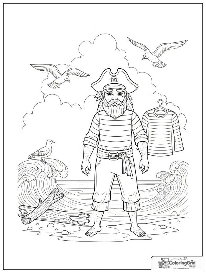 Pirate standing by the shore with seagulls.