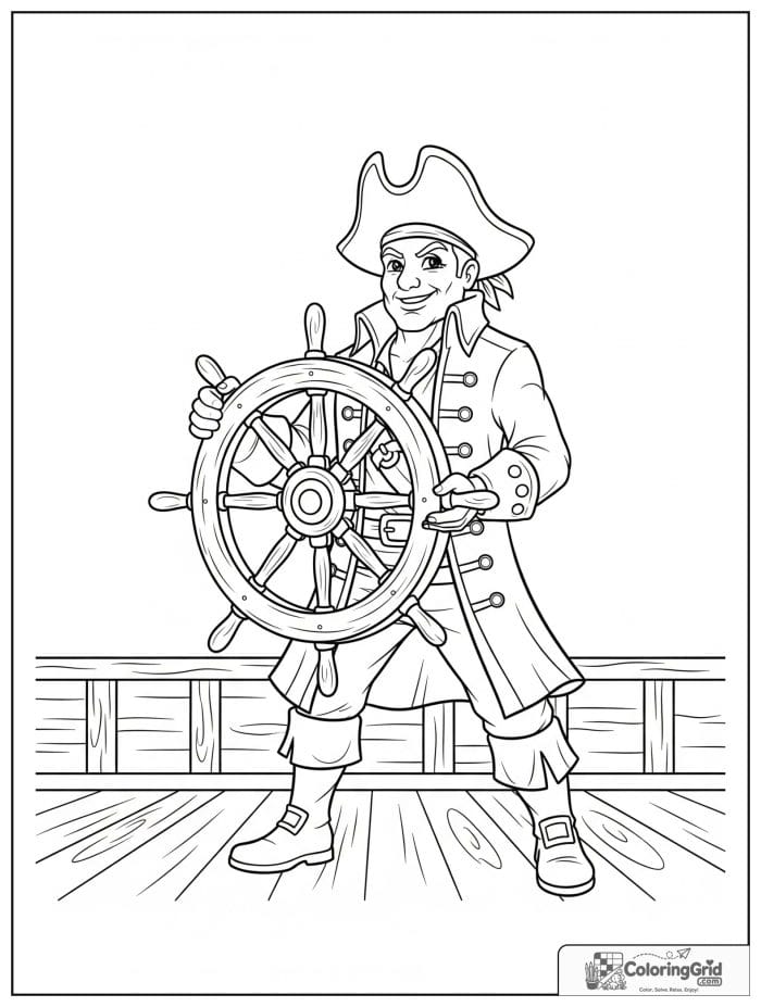 Pirate captain steering a large ship wheel.
