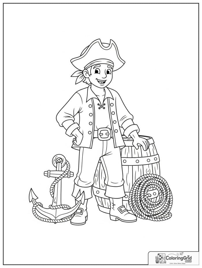 Pirate standing beside a barrel and anchor.
