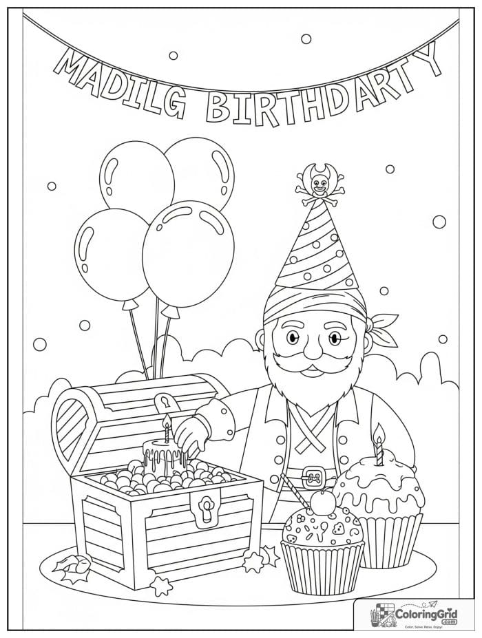 Pirate birthday party scene with balloons and a cupcake.