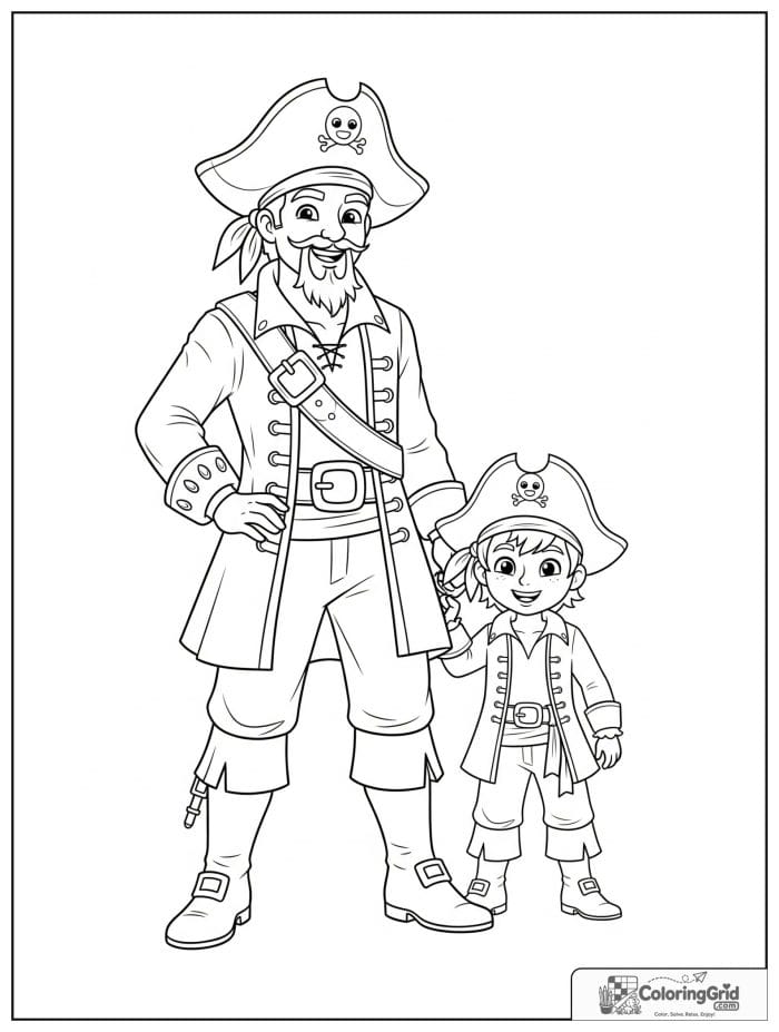Pirate captain standing beside a child pirate.