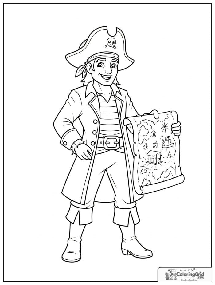 Pirate captain holding a treasure map and smiling.